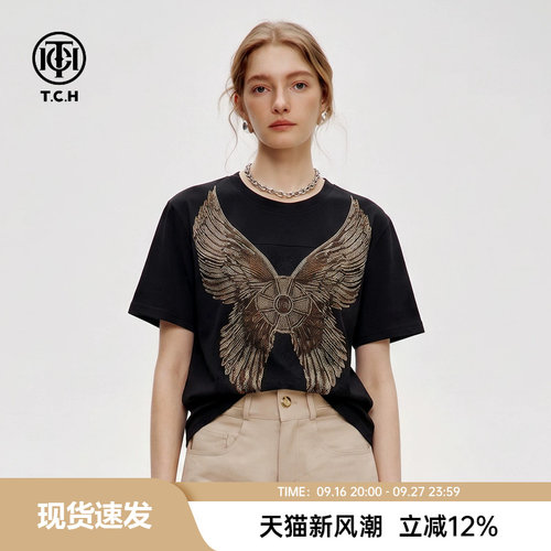 TCH潮牌烫钻大翅膀短袖T恤夏季宽松圆领重工百搭上衣T78A10B9029