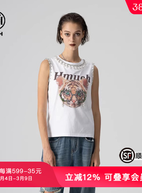 TCH夏季新款烫钻个性白色无袖背心T恤女夏外穿吊带T72B036012