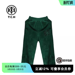 TCH春秋时髦百搭烫钻宽松字母绒绒串标绿色长裤 T72A20E6021