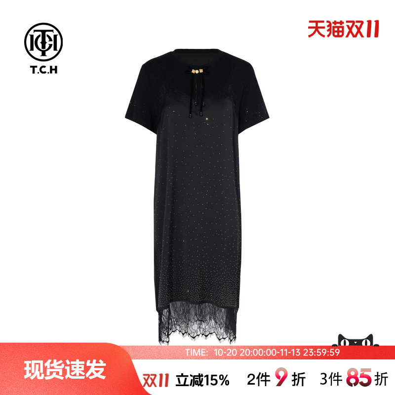 TCH轻奢烫钻工艺新中式洋气时尚蕾丝连衣裙女T72B30E9002私服tch
