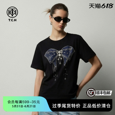 TCH潮酷休闲风烫钻蝴蝶结黑色短袖T恤女26春夏季新款T78A10E1030
