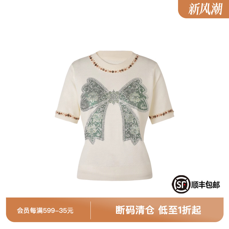 烫钻时尚蝴蝶结圆领针织T恤