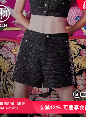 TCH潮牌轻奢潮牌潮牌大C短裤手工定制烫钻时尚个性黑色T66B216005