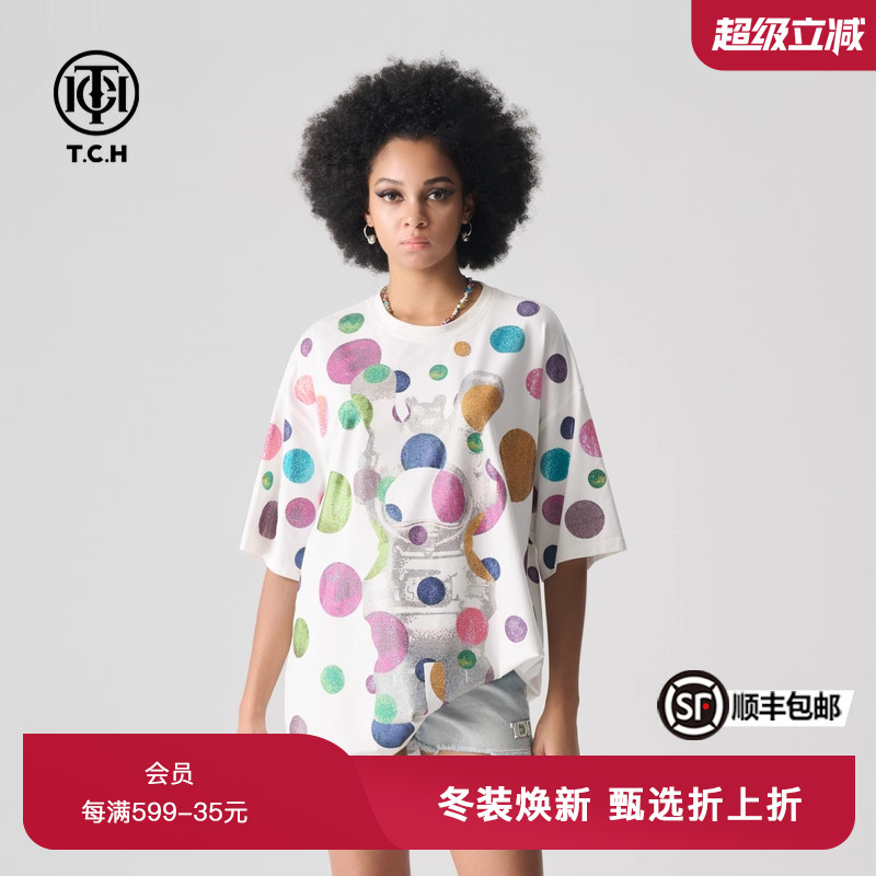 TCH夏季新款潮流烫钻印花兔子短袖经典宽松T恤女T72B106106
