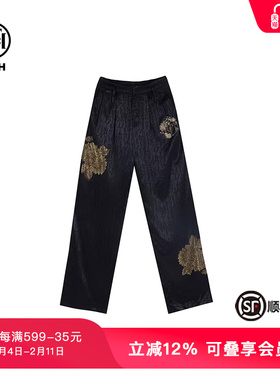 TCH潮牌新中式花藤满钻提花醋酸黑色阔腿裤T72A20E9011