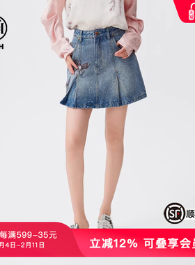 TCH春秋新款烫钻美式蓝色牛仔短裙女辣妹A字短裙T72C228010