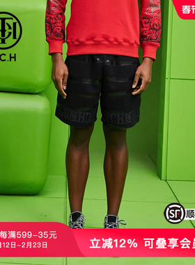 TCH潮牌短裤烫钻字母扎染2023夏新款太空棉水波纹裤子T69A216062