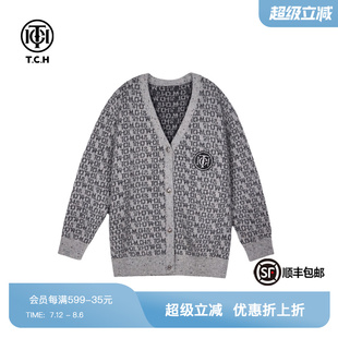 外套2025春秋新款 TCH字母满印复古V领羊毛毛衣针织开衫 T72C438026