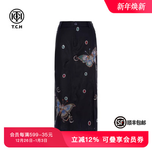 TCH私服烫钻藏青色复古亚麻百搭气质显瘦直筒半身裙女T75B22E5057