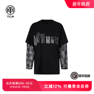 TCH轻奢烫钻工艺时尚 百搭黑色字母蕾丝T恤女T75A08E1005私服tch