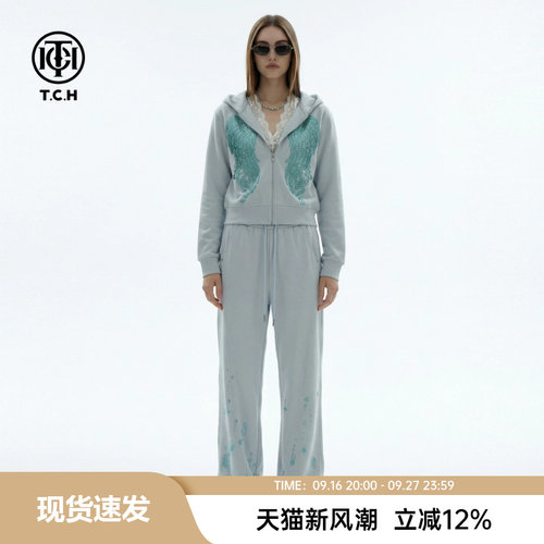 TCH烫钻翅膀宽松拼接蕾丝连帽外套阔腿裤休闲时尚套装T78A07E1140