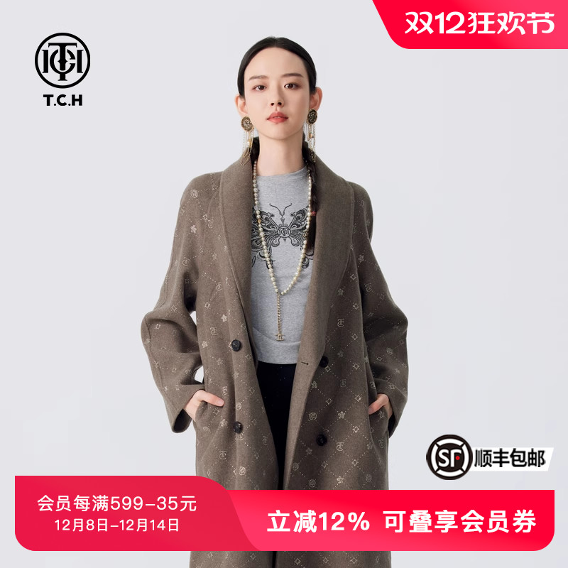 TCH潮牌烫钻休闲百搭山羊绒长款毛呢大衣女秋冬新款T72D286013