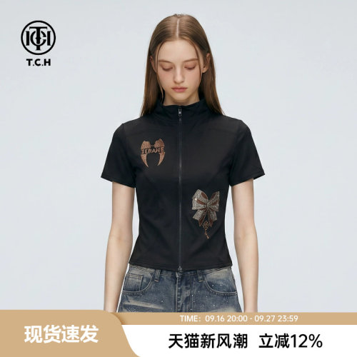 TCH黑色立领拉链短袖上衣女2026年夏季新款烫钻蝴蝶结轻薄短外套