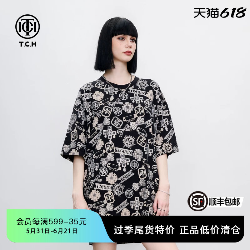 TCH个性老花烫钻设计感T恤裙街头潮流圆领连衣裙女夏季新款