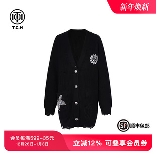轻奢TCH时尚 T72C43E9010 潮牌翅膀字母刺绣烫钻废土风黑色针织开衫