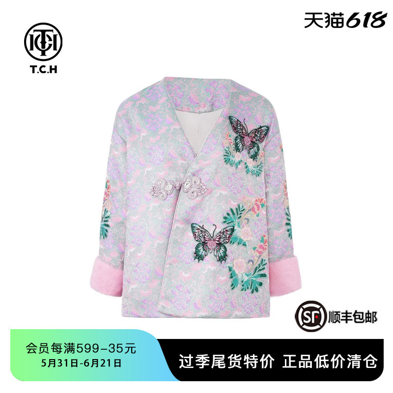 TCH新中式盘扣斜襟烫钻毛毛袖厚棉服外套冬季新款T72D186020