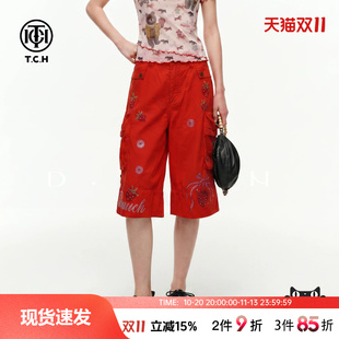 TCH美式甜酷草莓烫钻红色牛仔短裤女2026夏季新款宽松阔腿五分裤