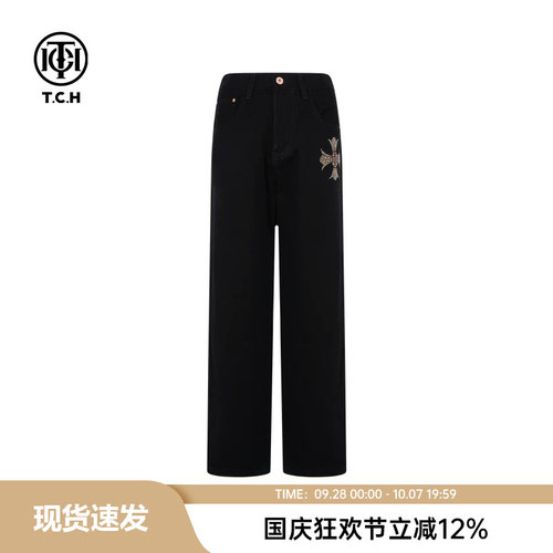 TCH轻奢烫钻黑色直筒宽松显瘦牛仔裤女潮牌休闲长裤男T75C20E5130