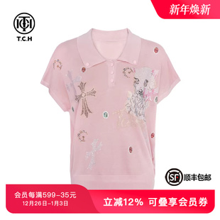 女T75B09E5081 针织衫 TCH私服烫钻莱赛尔亚麻时尚 洋气粉色宽松短袖
