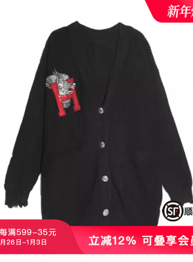 TCH春秋新款轻奢潮牌雄鹰花卉针织黑色开衫外套T21109C3002