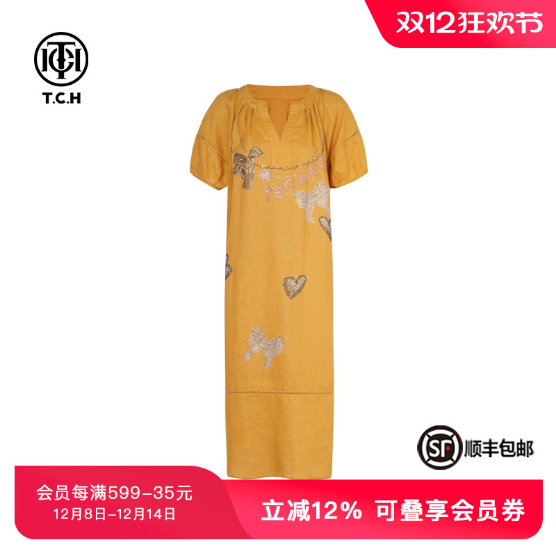 TCH私服烫钻亚麻气质宽松慵懒休闲显瘦长款连衣裙女夏T75B30E1147