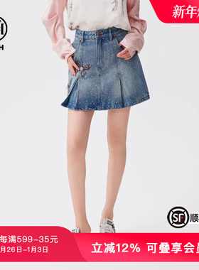 TCH春秋新款烫钻美式蓝色牛仔短裙女辣妹A字短裙T72C228010