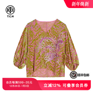 TCH潮牌新中式 百搭粉色V领T恤T72A11E6010 春秋重工烫钻时尚