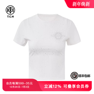 T恤T72B10E6016 打底短袖 TCH潮牌满天星烫钻时尚 米白色修身