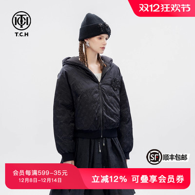 TCH潮牌满印烫钻美式休闲工装短款连帽羽绒服外套秋冬新款
