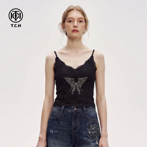 TCH烫钻翅膀黑色蕾丝吊带女2026夏季新款纯欲性感带胸垫修身背心