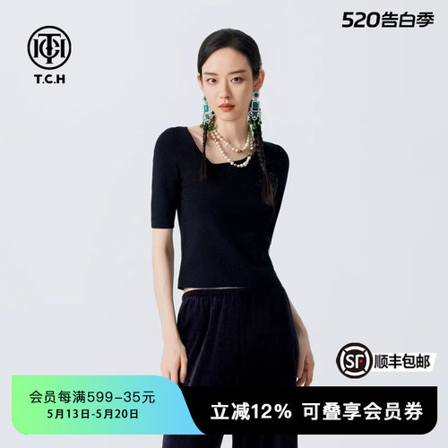 TCH半袖针织衫女春秋新款简约修身时尚短款上衣T72C098012