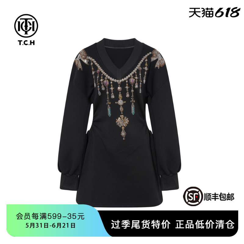 TCH重工珠宝烫钻卫衣裙女装秋冬V领收腰显瘦黑色气质连衣裙