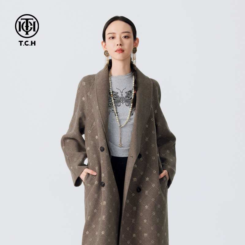 TCH潮牌烫钻休闲百搭山羊绒长款毛呢大衣女秋冬新款T72D286013