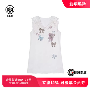 TCH私服烫钻工艺时尚 休闲百搭蝴蝶结连衣裙女T75B30E5079轻奢tch