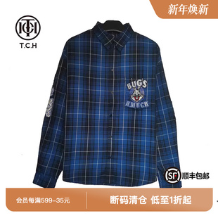 TCH潮牌字母烫钻蓝格子衬衫 T66C13E6001