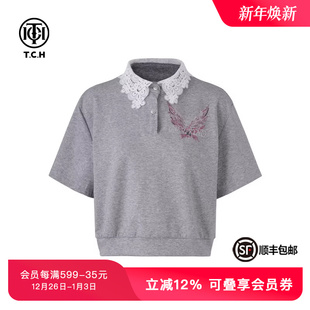 T恤女T75A10E1003 百搭短袖 TCH私服春秋新款 烫钻蕾丝翻领时尚