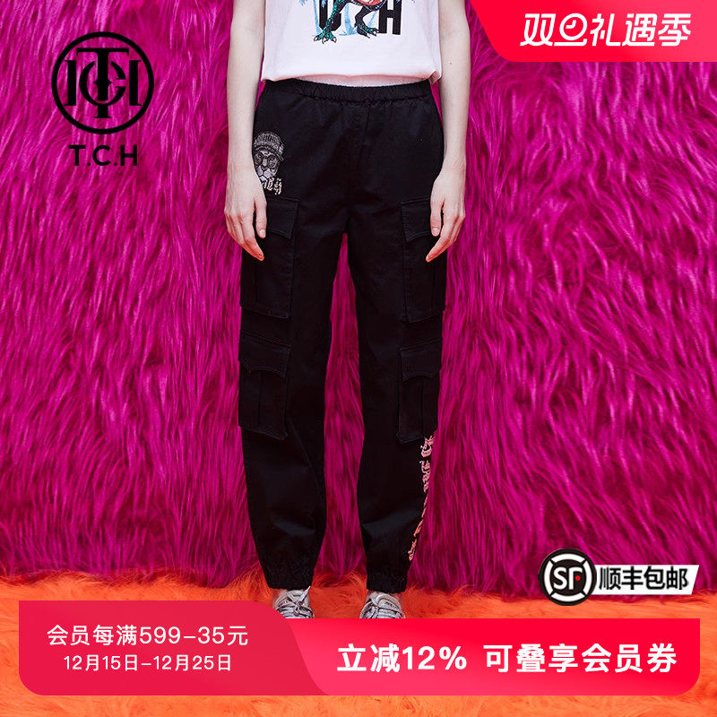 TCH轻奢潮牌烫钻虎头春秋新款男女黑色工装裤T69A206007