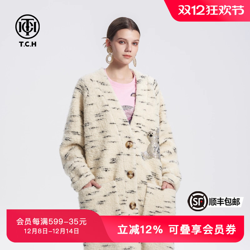 TCH烫钻翅膀小熊时尚宽松长款羊毛大衣外套春秋T72C286003