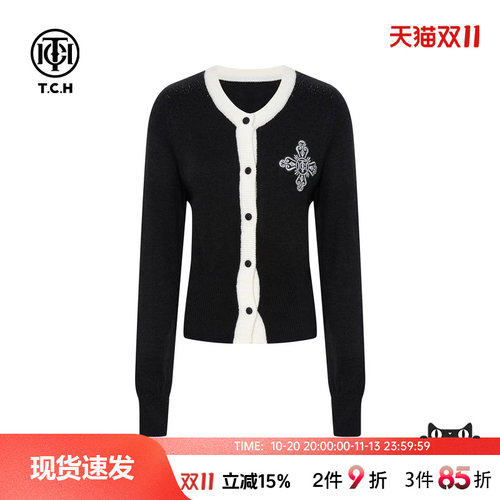 TCH轻奢烫钻绵羊毛撞色针织开衫上衣女2025冬季新款T75C43E9010