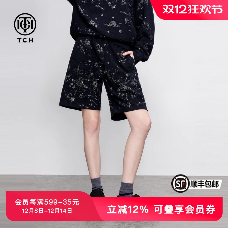TCH宽松休闲潮流烫钻太空飞船百搭时尚短裤男女同款2025春夏新款