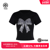TCH轻奢烫钻工艺时尚 休闲百搭蝴蝶结T恤女T75B10E1005私服tch