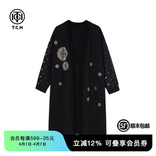 外套女春秋新款 T75C27B1002 休闲印花设计感中长款 TCH轻奢烫钻时尚