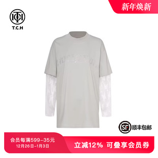 宽松舒适T75A08E1004 新款 TCH烫钻时尚 小众休闲拼接T恤上衣夏季