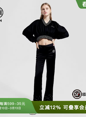 TCH潮牌高定手缝烫钻春秋黑色短款卫衣T69C11E6003