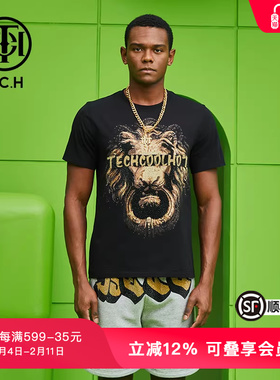 TCH潮牌T恤烫钻狮子头字母春夏新款男女黑色短袖T69B106016