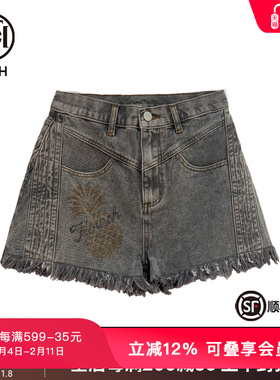 TCH潮牌菠萝字母毛边灰色牛仔短裤女夏季新款显瘦T69B21E5001