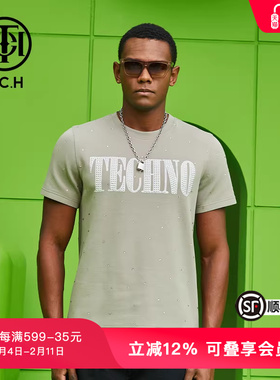 TCH潮牌T恤烫钻字母春秋新款男女灰色简约短袖T69A106169