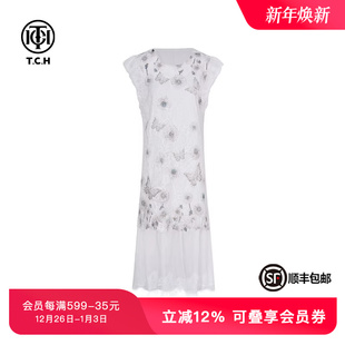 TCH私服重工烫钻设计感蕾丝钩花显瘦无袖 气质连衣裙女T75B30E5156