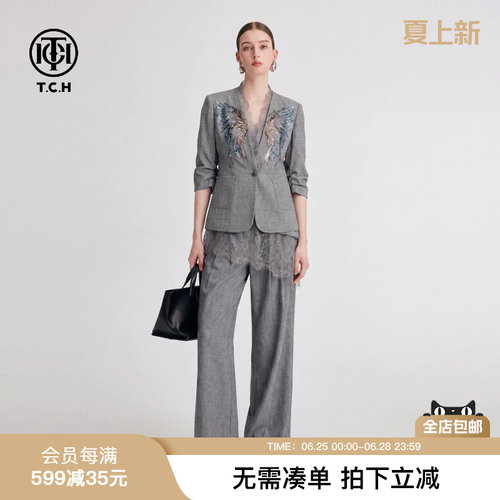 TCH烫钻翅膀亚麻老钱风套装女蕾丝拼接西装外套屁帘阔腿裤三件套
