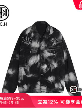 TCH轻奢潮牌枫叶黑烫钻扎染牛仔外套T66A068121